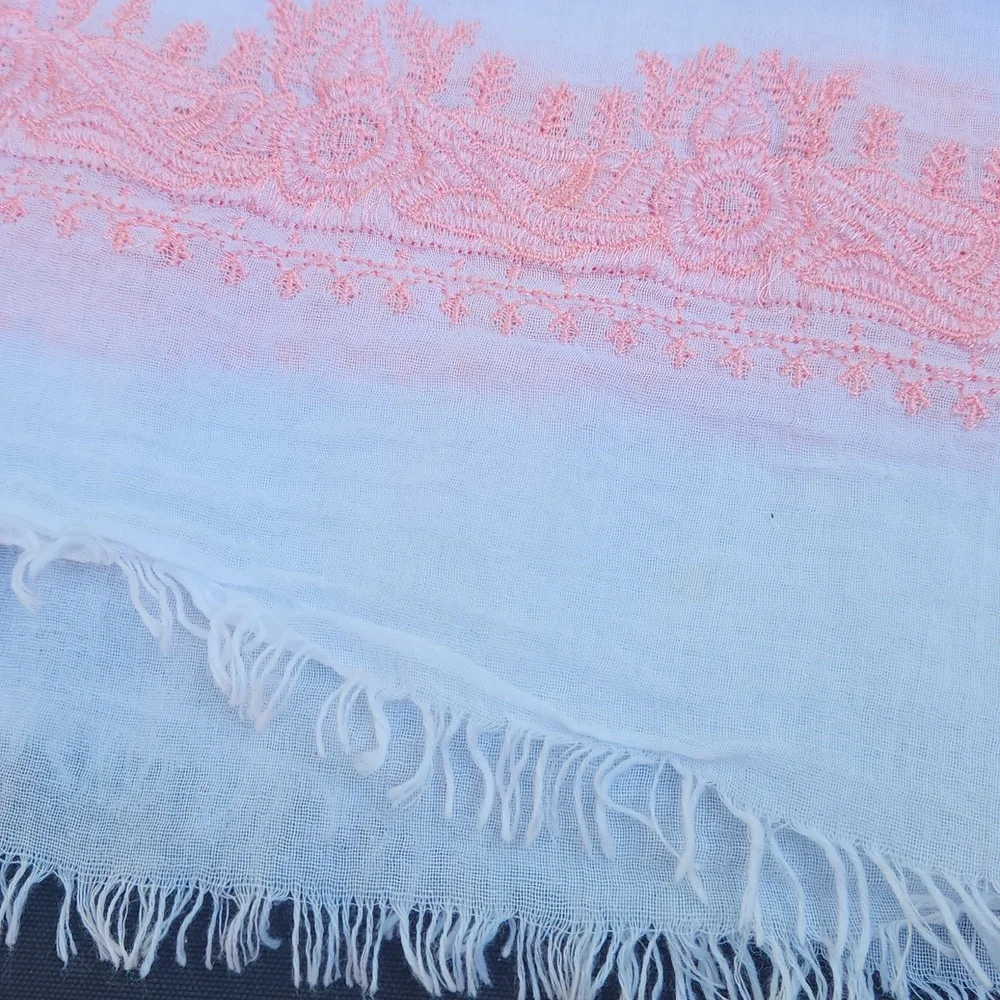 Betsey Johnson Scarf Wrap 100% Cotton Floral White with Pink Embroidery